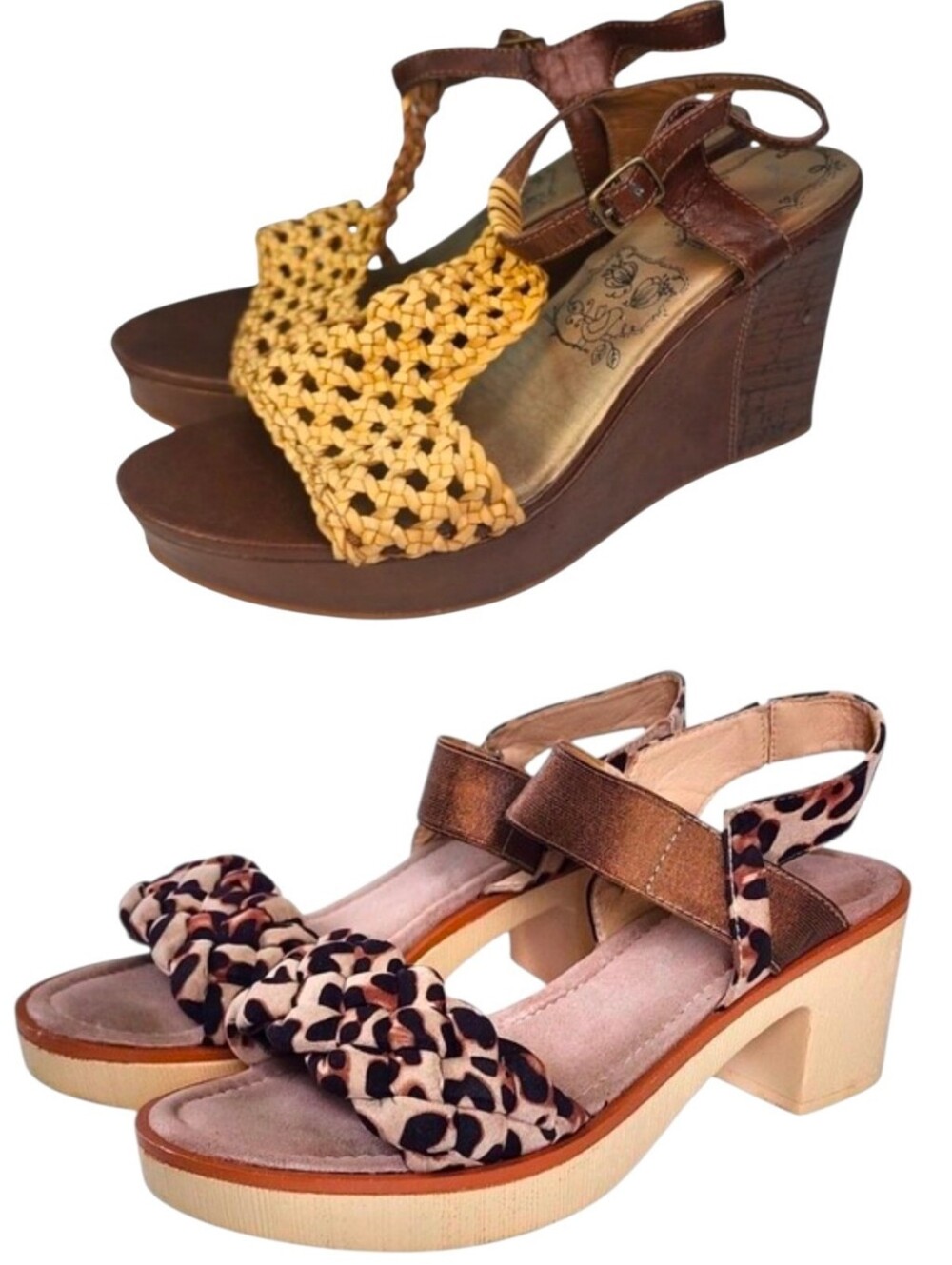 2pc Danna Raye Leopard & Jellypop Dahl Raffia Wedge Sandals Set, Sz 10